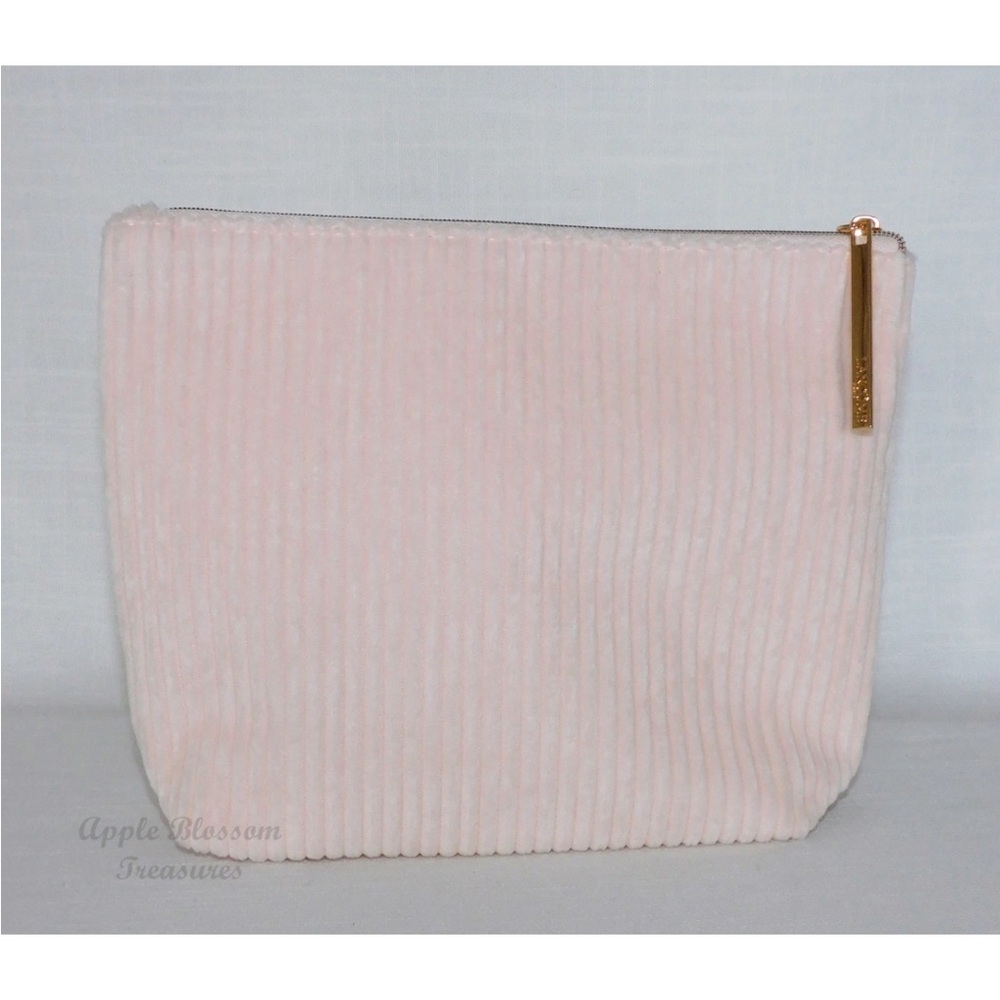 Lancome Pale Pink Corduroy Rose Gold Pull Cosmetic Makeup Travel Bag Case Pouch